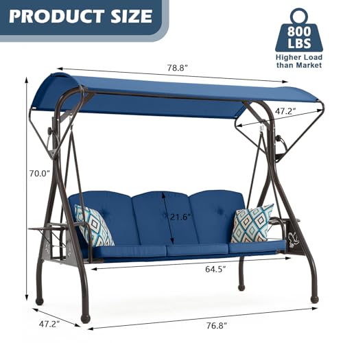 800LBS Patio Swing with Canopy 3 Seat Outdoor Porch Swing with Stand, Cup Holder & Pillow (Green) O887