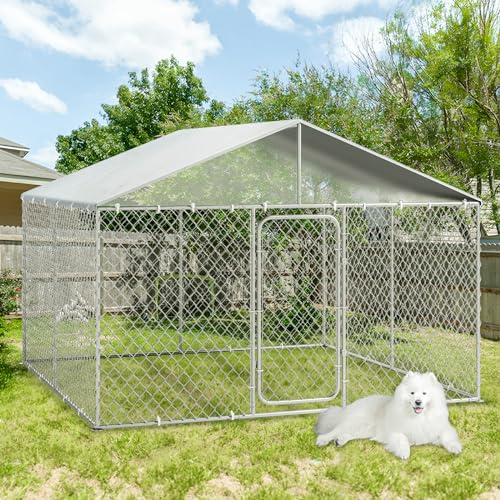 LEISU Outdoor Dog Kennel, Outside Dog Kennel with Roof, Large Dog Run Enclosure, Heavy Duty Dog Pens House, Pet Playpen with Galvanized Chain Link Waterproof Cover (8 x 8 FT)