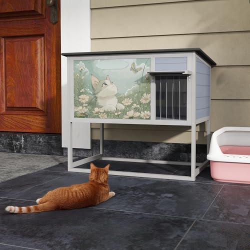 Raised Outdoor Cat House Weatherproof Insulated Shelter with Openable Top E5308