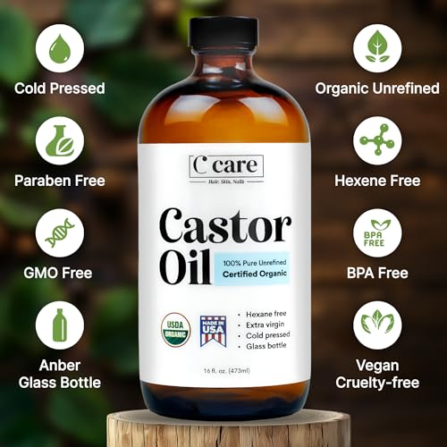 Organic Cold Pressed Castor Oil in Glass Bottle for Hair, Skin & Lashes, 32oz Y379