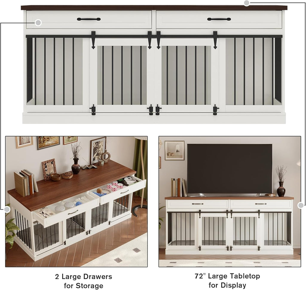 Farmhouse Wooden Dog Crate Furniture with Sliding Barn Doors, White M2281