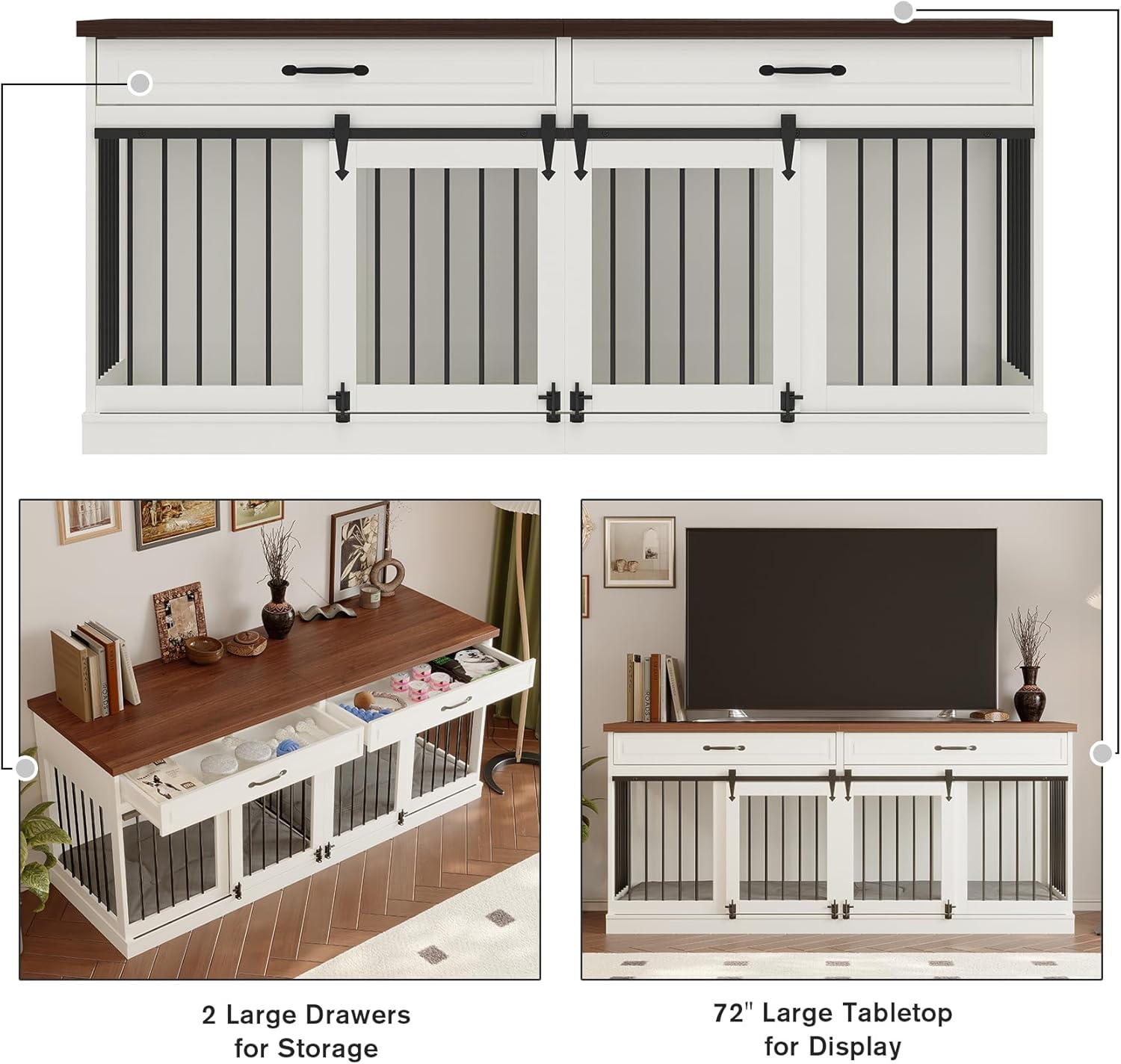 Farmhouse Wooden Dog Crate Furniture with Sliding Barn Doors, White M2281