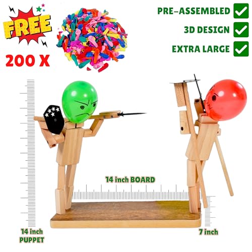 Handmade Wooden Fencing Puppets Toys, Whack A Balloon Strategy Board Game with 200 Balloons O404