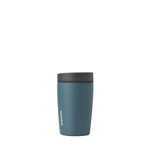Owala SmoothSip Slider Insulated Stainless Steel Coffee Tumbler, Reusable Iced Coffee Cup, Hot Coffee Travel Mug, BPA Free 12 oz, Grey/Blue (High Dive)