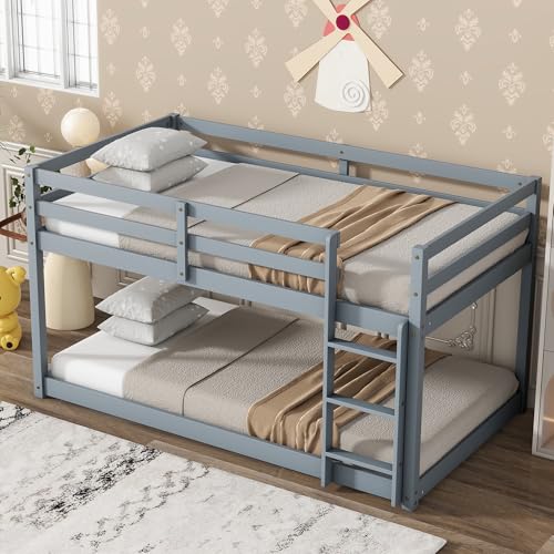 Twin Over Twin Wood Bunk Bed with Ladder and Guardrails for Kids P604