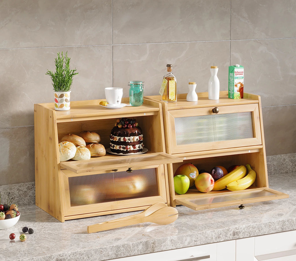 BALANBO Double Layer Bamboo Bread Box for Kitchen Counter S561773