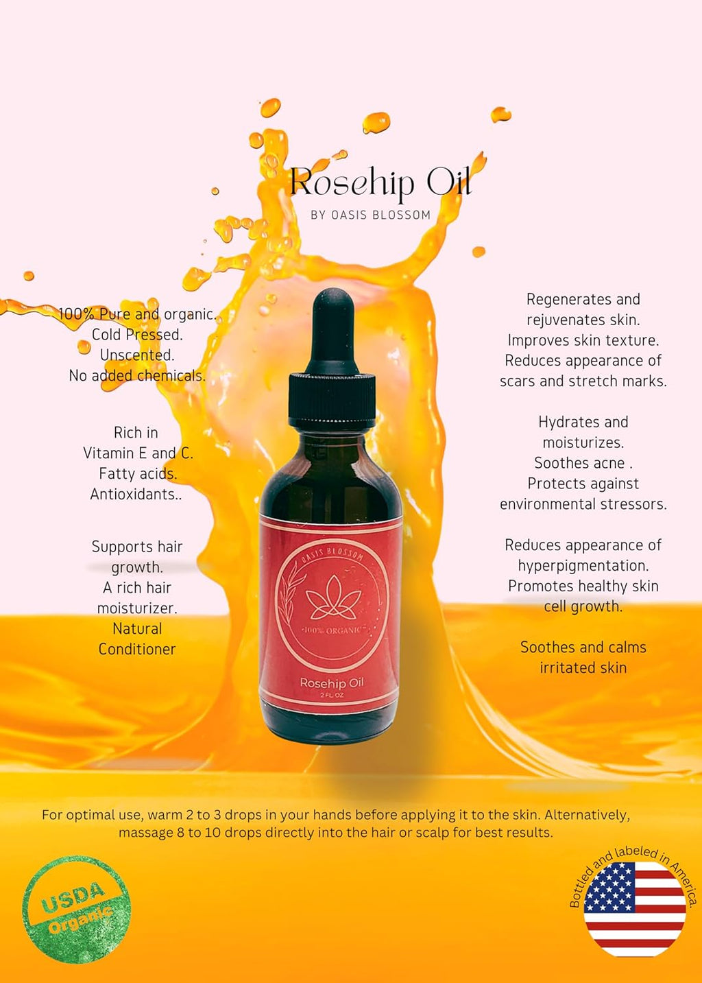 Rosehip Oil for Face, Skin & Hair, 100% Pure USDA Organic, Cold Pressed Unrefined, 2 Fl Oz T32475