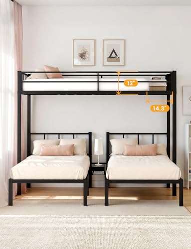 Heavy Duty Triple Bunk Bed Twin over Twin with Guardrails and Ladder, Black Y548246