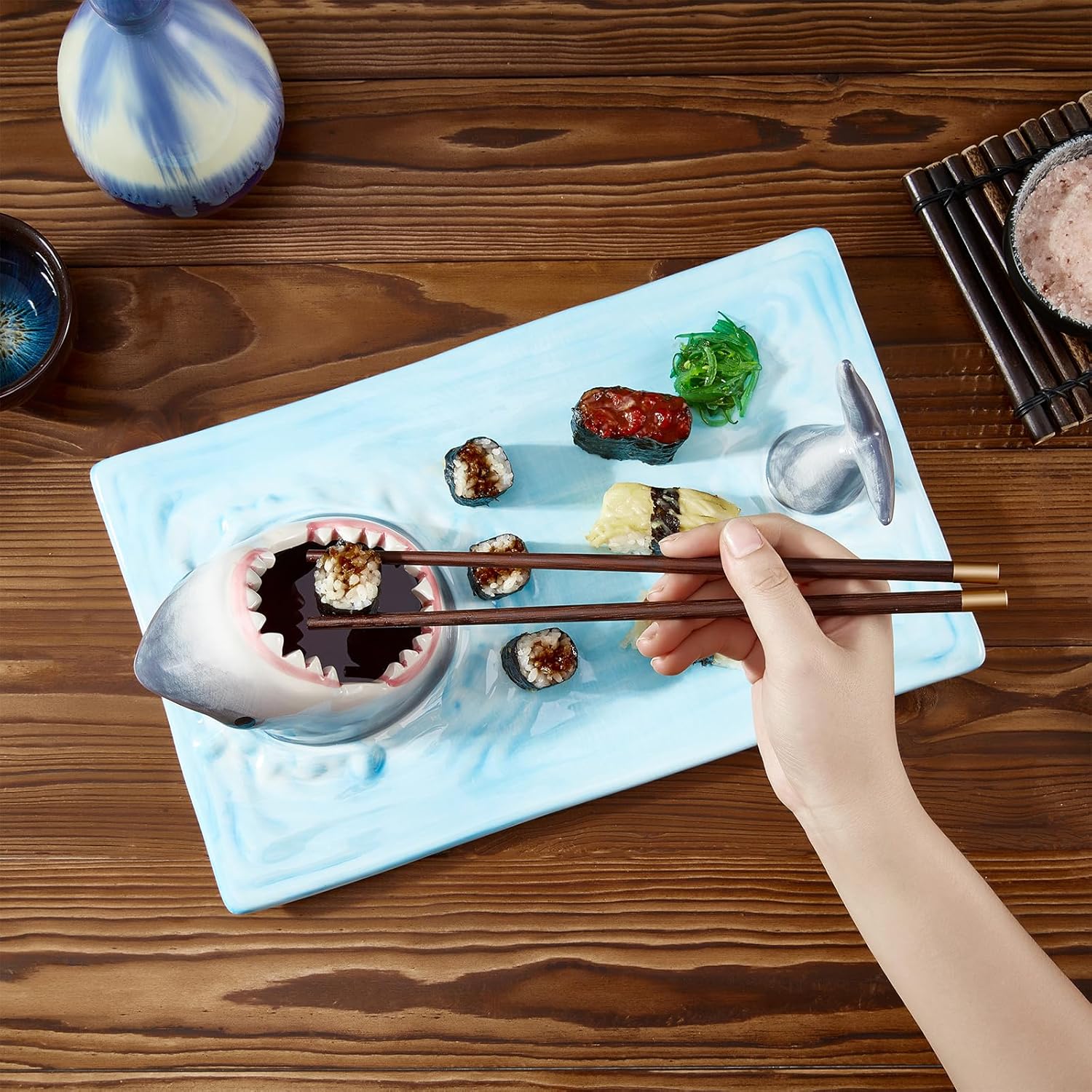Shark Ceramic Sushi Plate with Soy Sauce Bowl and Chopstick Holder R75301