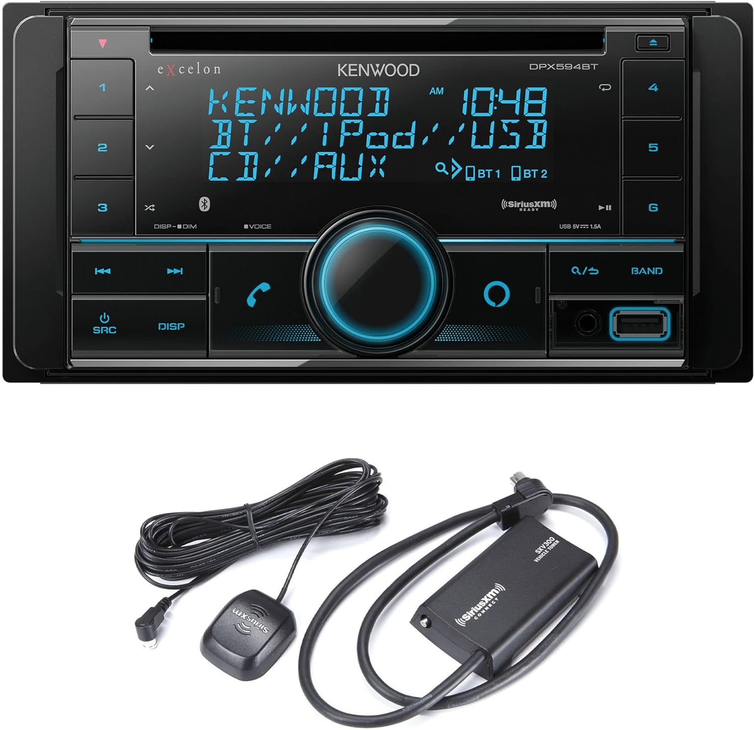Kenwood Excelon DPX594BT Double DIN Bluetooth in-Dash Car Stereo CD Receiver with Amazon Alexa Compatibility | Plus SiriusXM SXV300v1 Connect Vehicle Tuner Kit for Satellite Radio