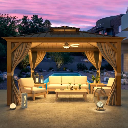 YOLENY 10' x 12' Hardtop Gazebo with Galvanized Steel Double Roof, Netting and Curtains Y84317