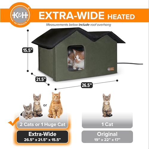 K&H Pet Products Extra-Wide Heated Outdoor Cat House, Weatherproof Insulated Shelter, 2 Doors, Olive G573