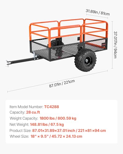VEVOR Heavy Duty ATV Dump Cart 750 lbs Steel Utility Trailer with Removable Sides E373248