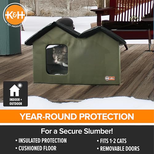 K&H Pet Products Extra-Wide Heated Outdoor Cat House, Weatherproof Insulated Shelter, 2 Doors, Olive G573
