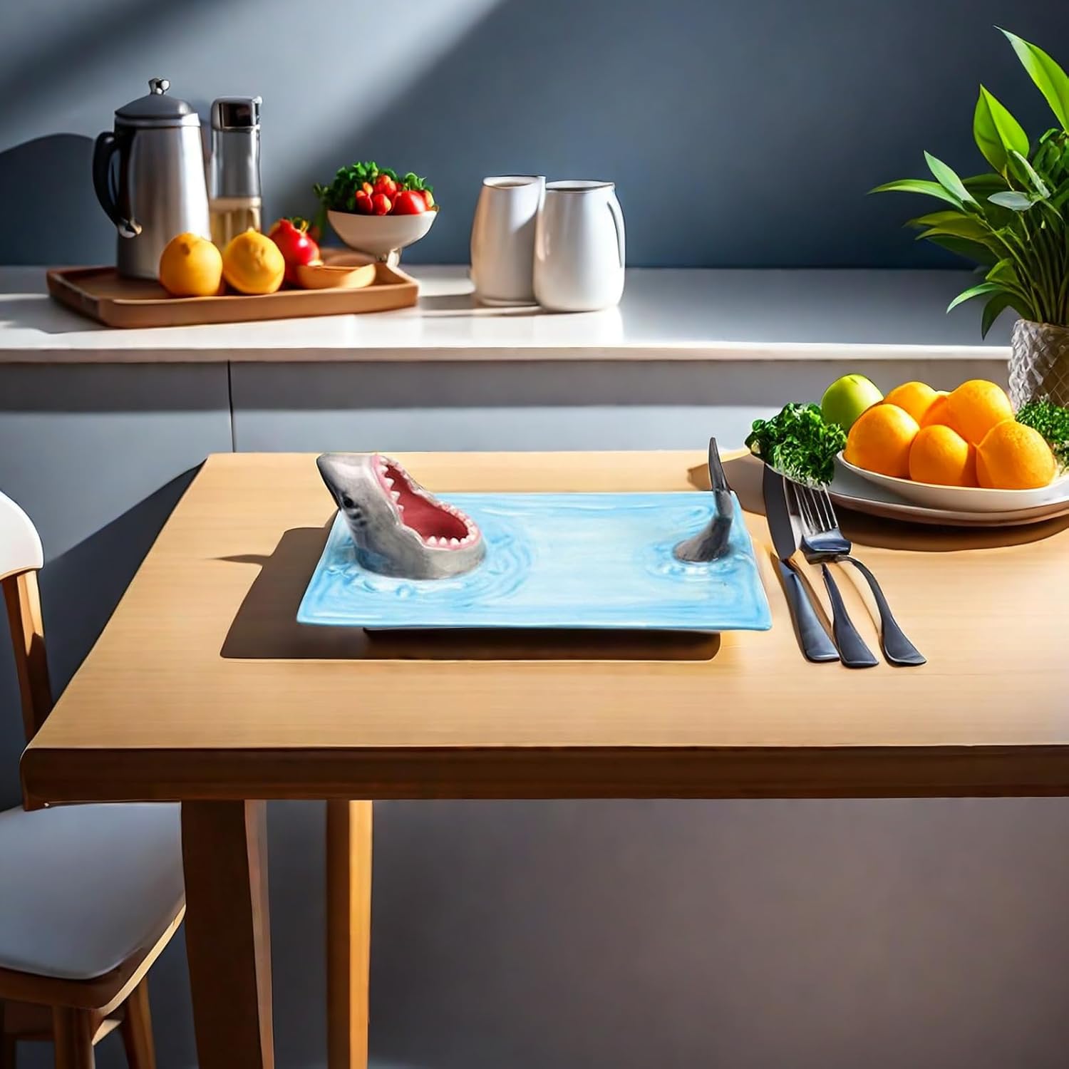 Hand-painted Ceramic Shark Sushi Plate with Sauce Compartment R26757
