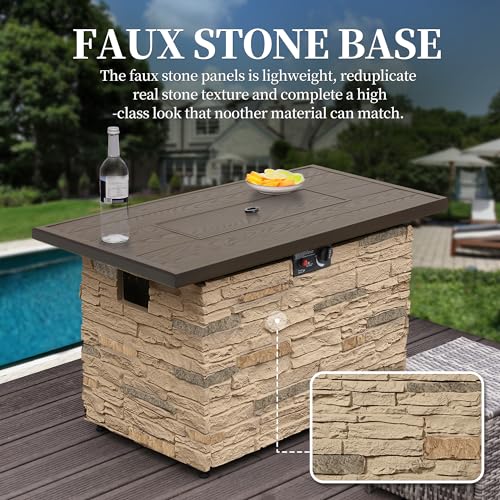 43" Propane Fire Pit Table Outdoor Rectangular Stone with Glass Wind Guard O259531