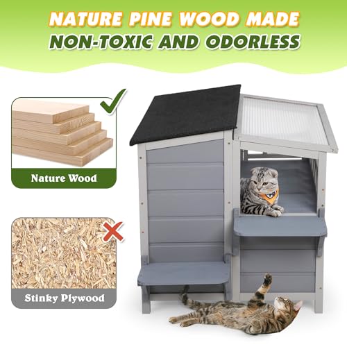 Outdoor Cat House 2-Tier Wood Shelter with Sunlight Roof, Gray J986