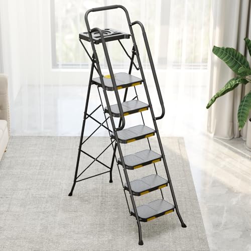 KINGRACK 6 Step Ladder with Tool Platform, Folding Steel Handrails S51168