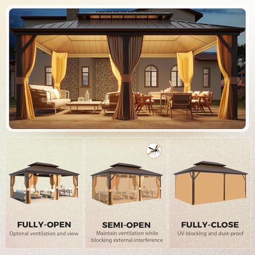 YOLENY 10' x 12' Hardtop Gazebo with Galvanized Steel Double Roof, Netting and Curtains Y84317