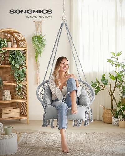 SONGMICS Hanging Chair with Large Thick Cushion, Boho Swing Chair, Cream White C225966