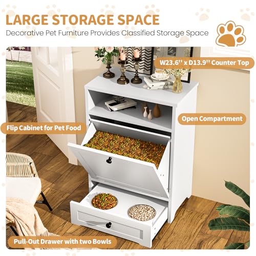 Dog Feeding Station with 2 Raised Bowls, Pet Food Storage Cabinet, Brown D3209
