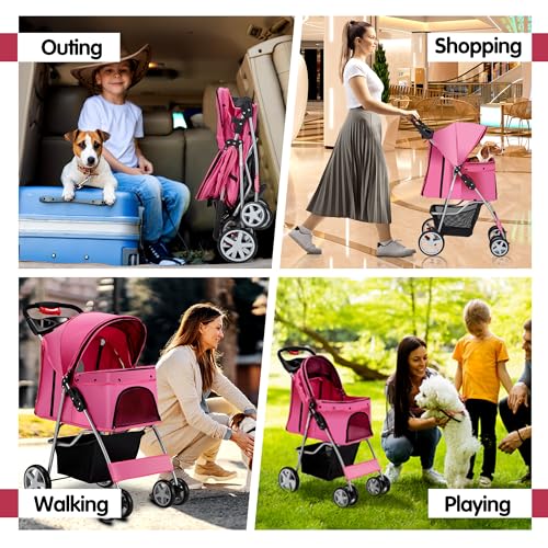 Pet Stroller 4 Wheels Folding Dog Cat Carrier with Storage Basket, Purple Y61406