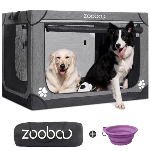 42" Portable Soft Dog Crate for Large Dogs - Collapsible Travel Kennel with Carry Bag, Foldable Cage with Durable Textilene Mesh Door, Plush Bed - Ideal for Home or Travel - Charcoal Gray