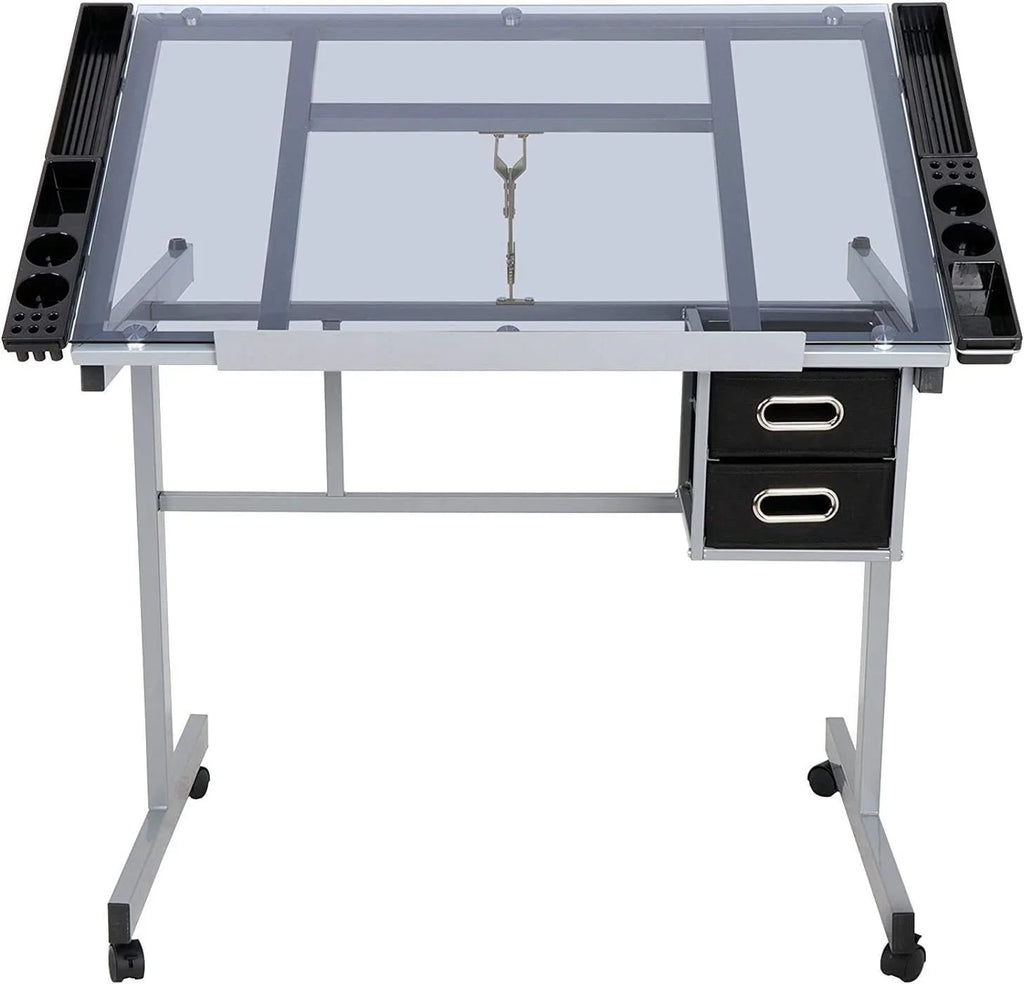 KHBIULIFE Adjustable Drafting Table with Tempered Glass Top and 2 Drawers R8017