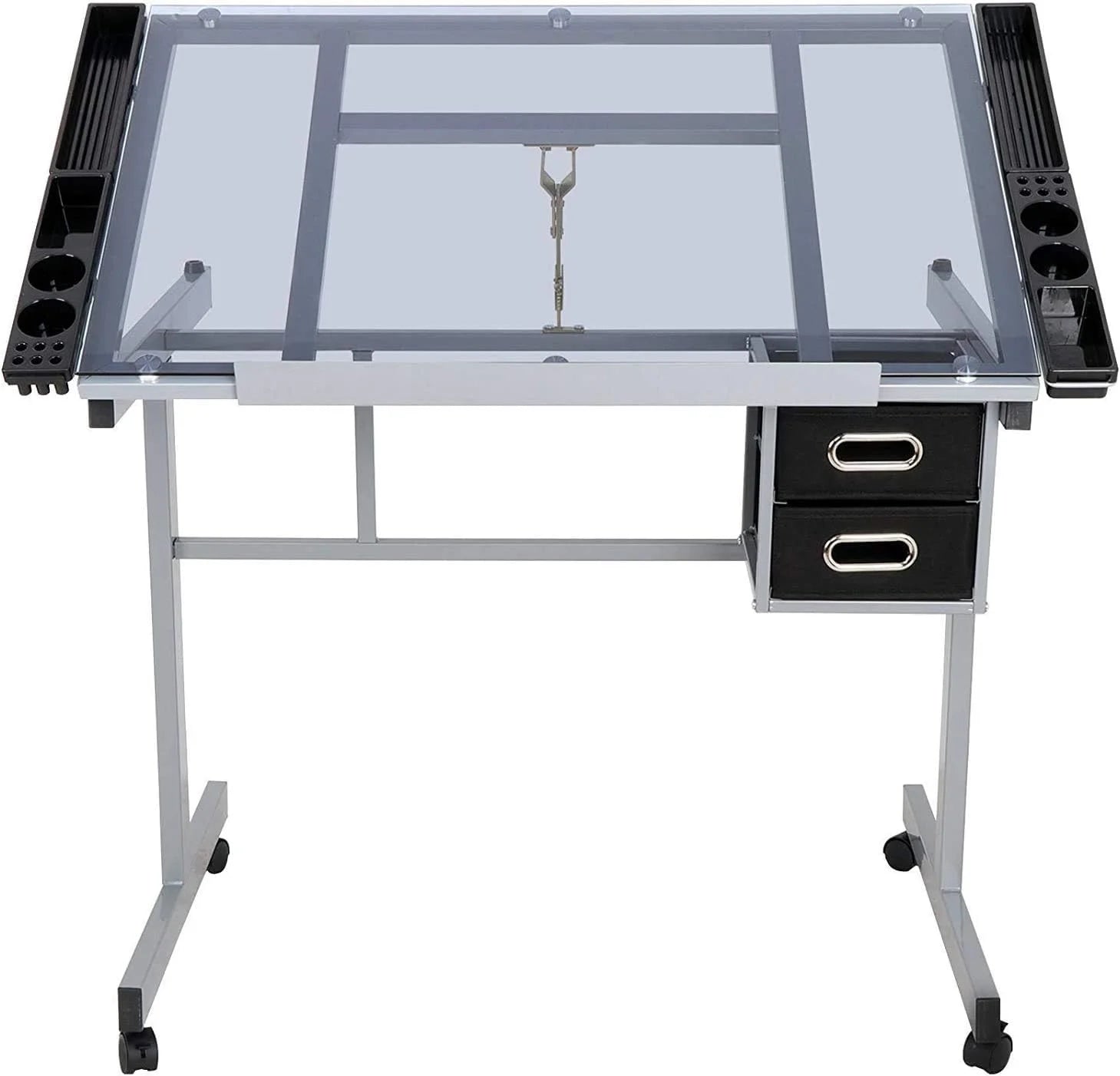 KHBIULIFE Adjustable Drafting Table with Tempered Glass Top and 2 Drawers R8017