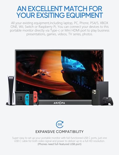 ARZOPA 15.6'' FHD 1080P Portable Monitor with Kickstand, IPS Display, USB-C & HDMI J54429