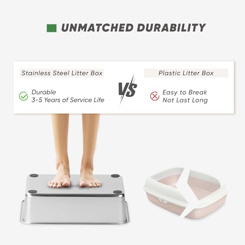 Stainless Steel Cat Litter Box with Scoop, High Sided Walls, White C360108