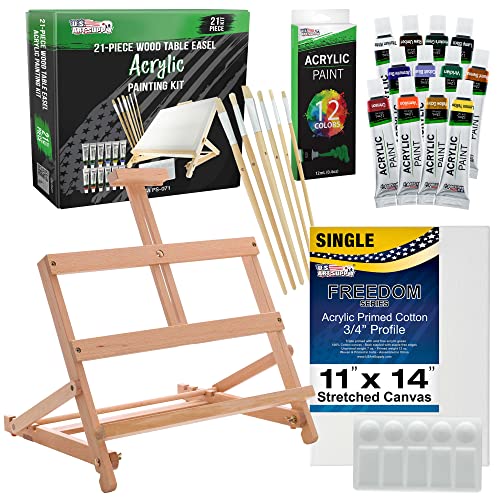 U.S. Art Supply 21-Piece Artist Acrylic Painting Set with Wooden H-Frame Studio Easel, 12 Vivid Acrylic Paint Colors, Stretched Canvas, 6 Brushes, Painting Palette - Kids Students, Adults, Starter Kit