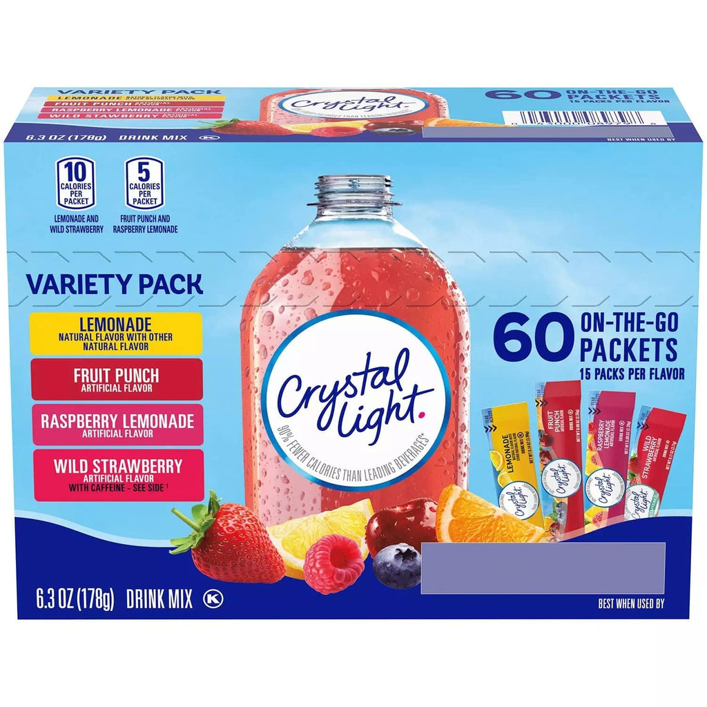 Generic Crystal Light Packets, 60 Count On-The-Go Variety Pack, Sugar Free - Lemonade, Fruit Punch, Raspberry Lemonade, and Wild Strawberry