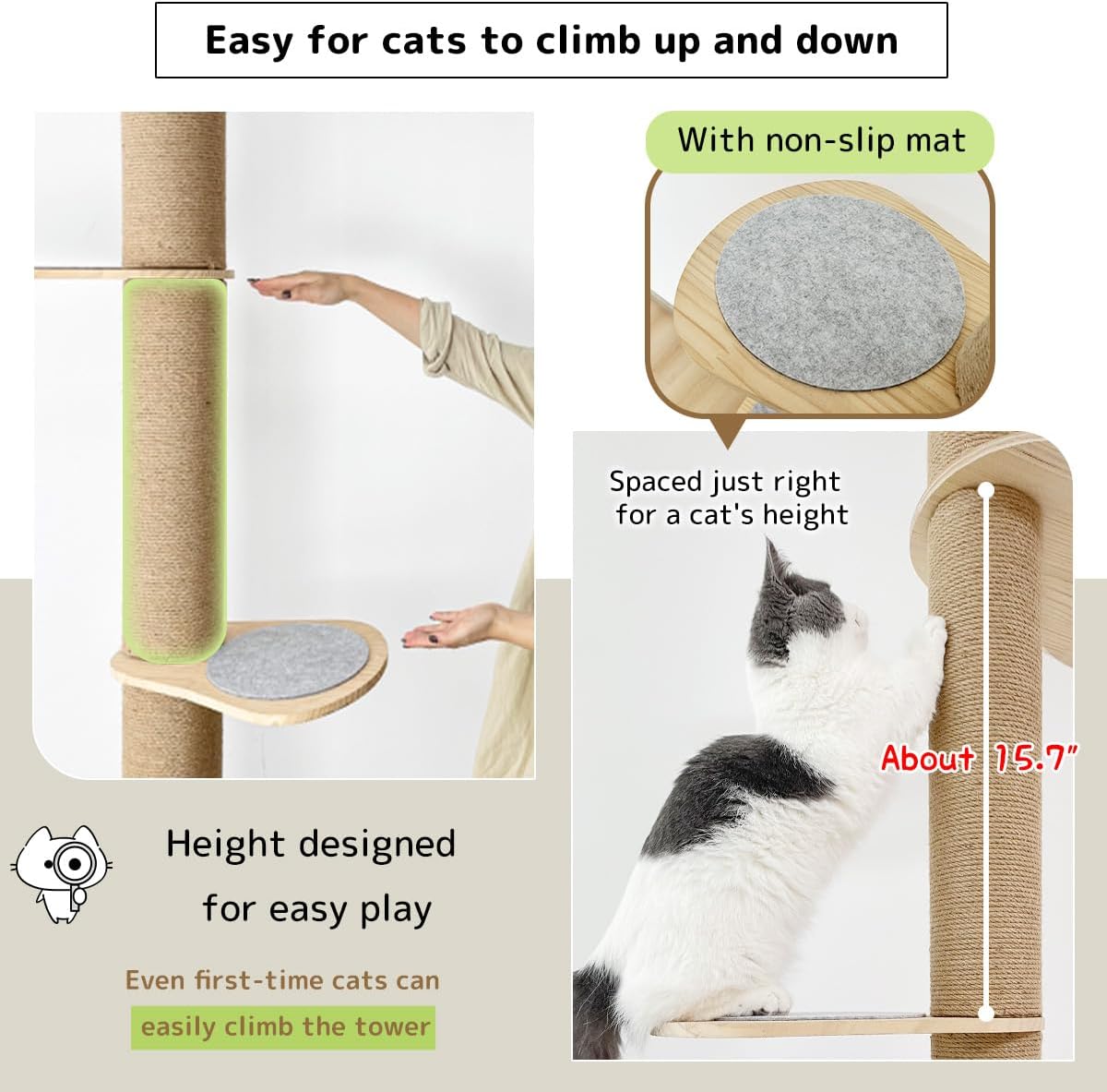 Cat Climbing Tower Floor-to-Ceiling with Natural Sisal Rope Scratching Post Y359
