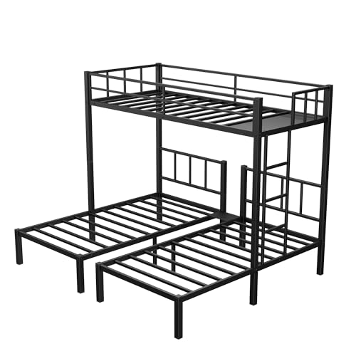 Heavy Duty Triple Bunk Bed Twin over Twin with Guardrails and Ladder, Black Y548246