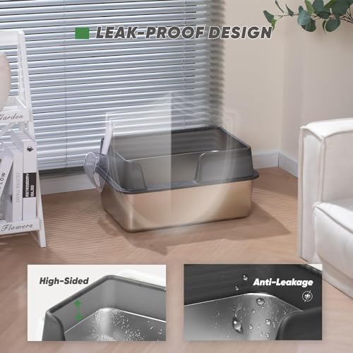 Stainless Steel Cat Litter Box with Scoop, High Sided Walls, White C360108