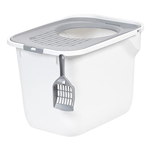 IRIS USA Rectangular Top Entry Cat Litter Box with Scoop, Large Cat Litter Box Enclosure, Kitty Litter Box, Black/Gray