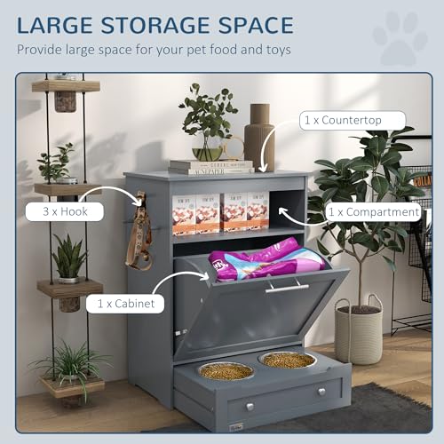 PawHut Pet Feeder Station Storage Cabinet with Raised Bowls, White H257780