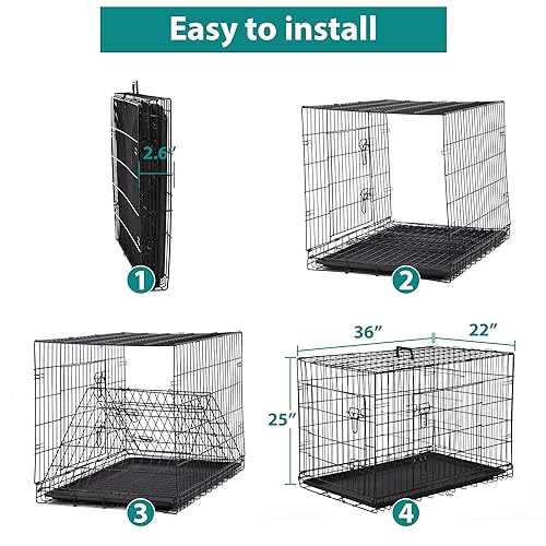 48 Inch Double-Door Folding Dog Crate with Plastic Tray, Black V44932