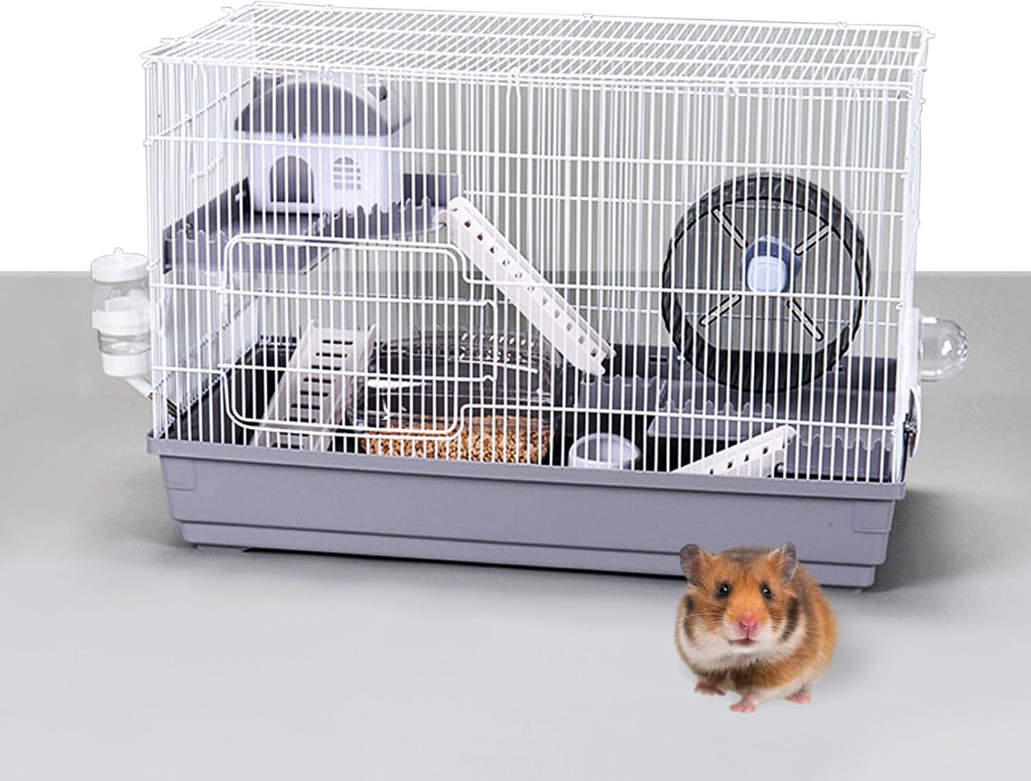 kathson Hamster Cages and Habitats Large Gerbil Cage with Accessories Hut Exercise Wheel Water Bottle Bowl Bathtub Small Animal Basic Cage for Syrian Hamster，3- Levels，22" L x 12.5" W x 14" H，Grey