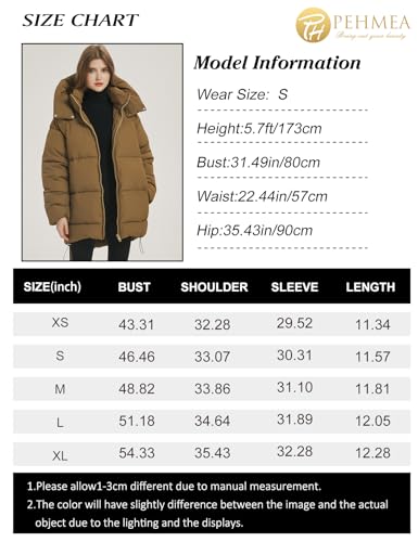 PEHMEA Women Mid-Length Puffer Hooded Jacket Winter Padded Coat V3832