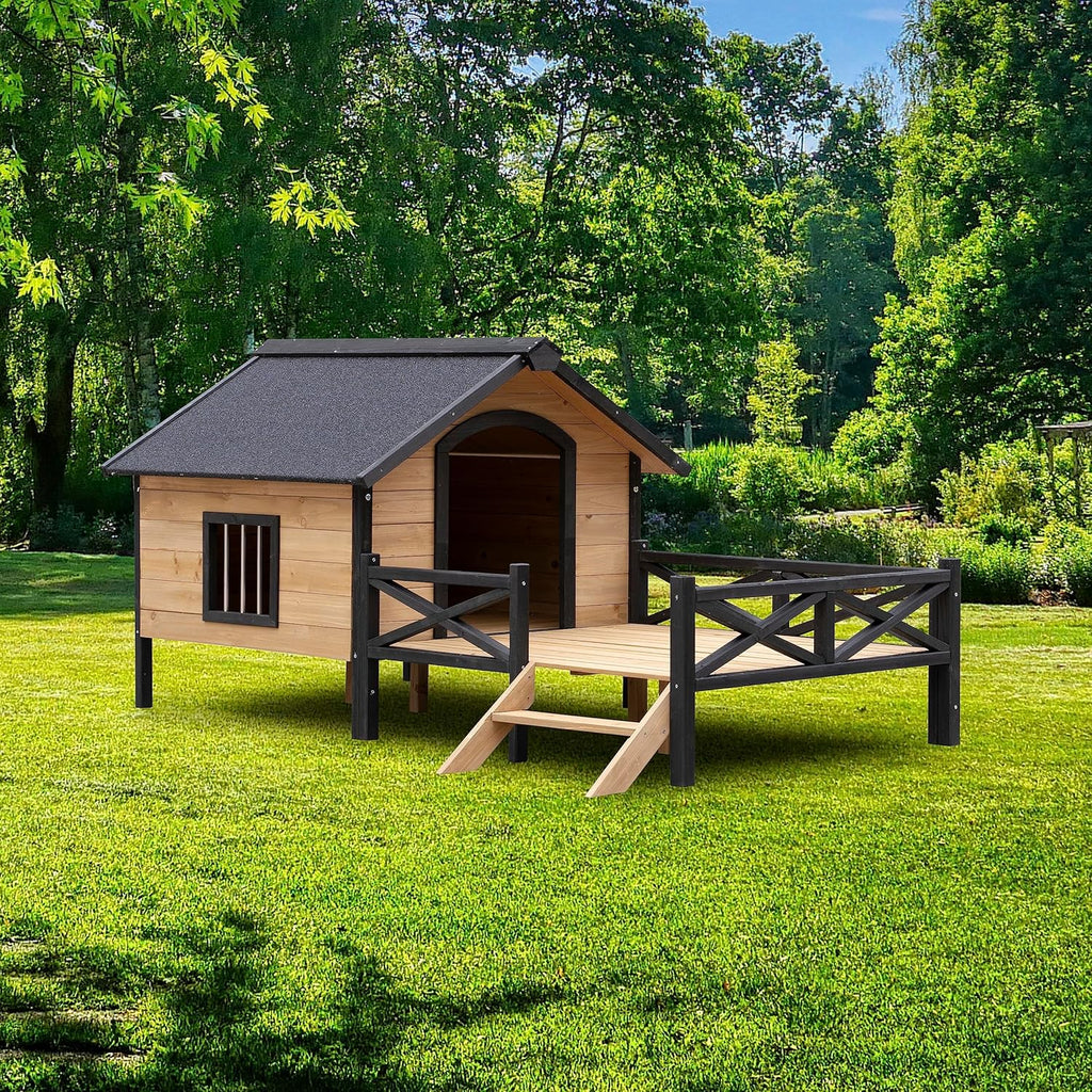 Rustic Wooden Dog Kennel with Porch, Outdoor Cabin Style, Kiln-Dried Fir Wood E59517