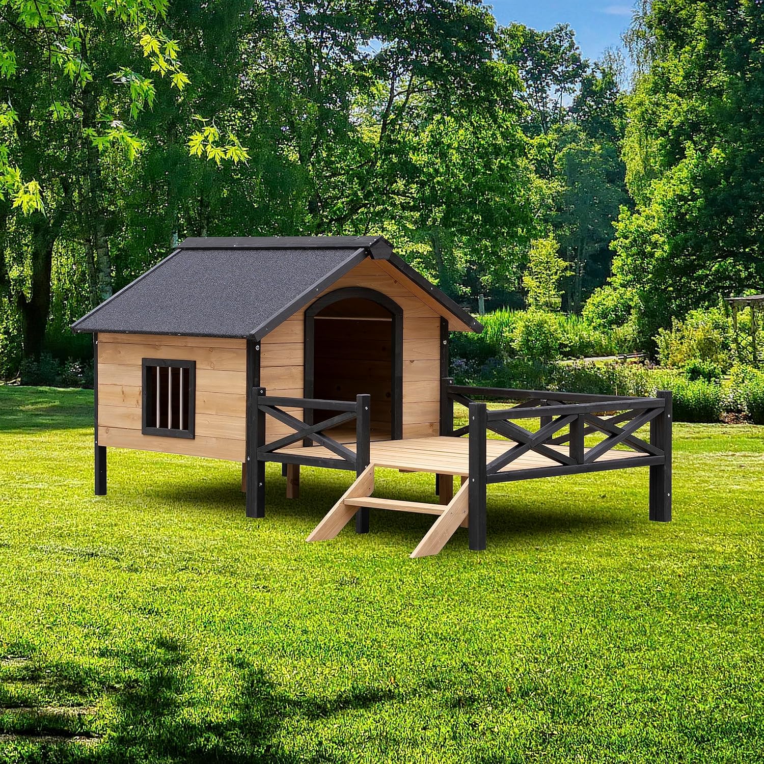 Rustic Wooden Dog Kennel with Porch, Outdoor Cabin Style, Kiln-Dried Fir Wood E59517