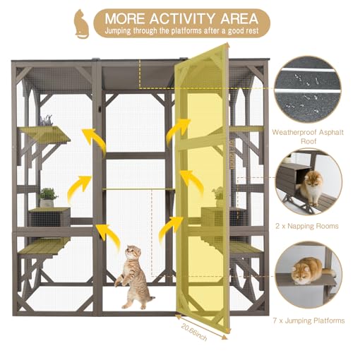 71" Catio Outdoor Cat Enclosure, Wooden Weatherproof Cat House with 7 Platforms Z84035
