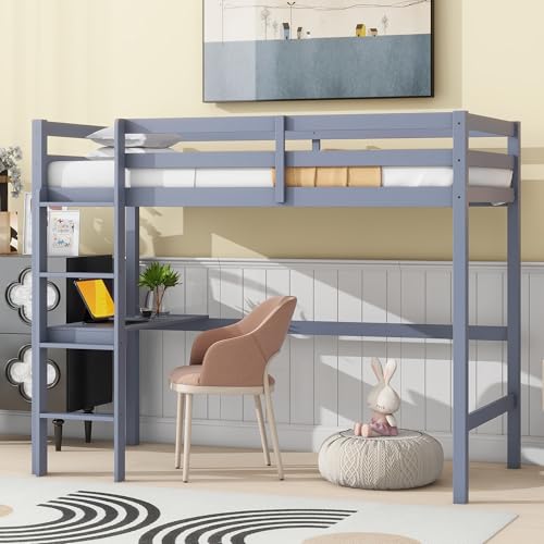 Twin Size Low Loft Bed with Ladder and Safety Guardrail, Solid Wood, White D5235