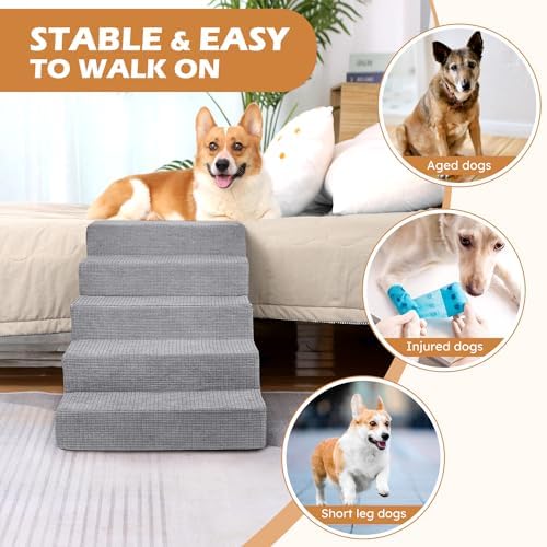 Heeyoo Dog Stairs for Small Dogs, 5-Step Foam Pet Steps for High Bed and Couch, Grey U471171