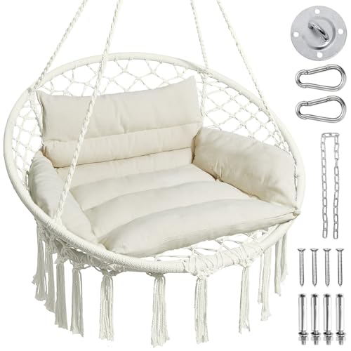 Greenstell Hammock Chair, Macrame Swing Chair with Cushion, Indoor & Outdoor, Beige G7957