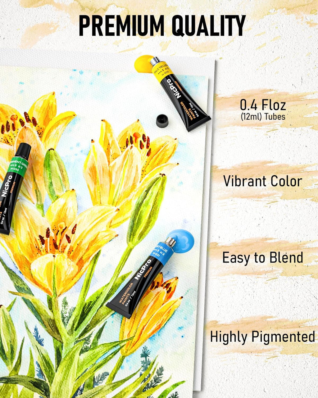 Nicpro Watercolor Paint Tubes Kit, 36 Colors with Paper, Brushes & Palettes F597