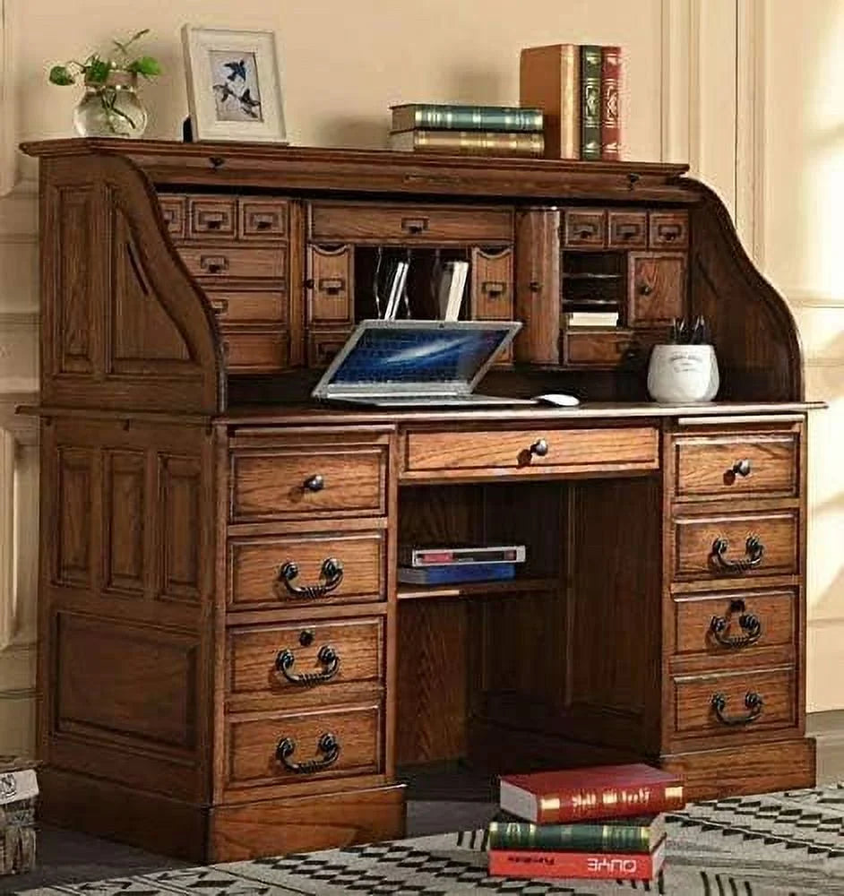 Solid Oak Wood 54 Inch Executive Rolltop Desk with Hutch X960378