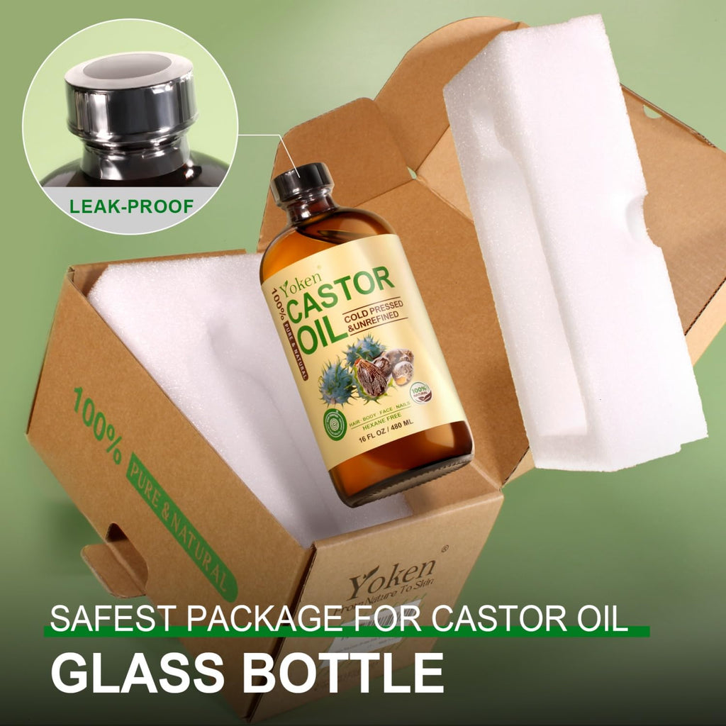 Yoken Pure Castor Oil Glass Bottle 16 fl oz for Face, Body, Hair U780559